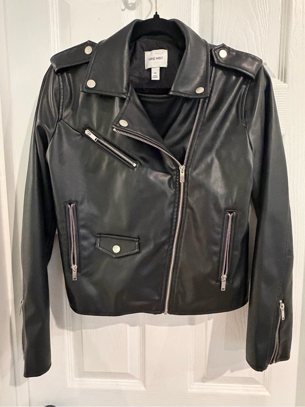 Nine West Black Faux Leather Moto-Style Jacket with Silver Hardware